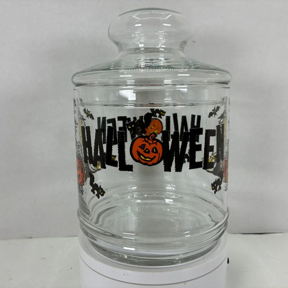 Vintage Halloween Glass Candy Jar Witch Black Cat Pumpkin Apothecary Canister